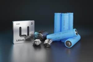 Lithium ion batteries, metallic lithium and element symbol 3d illustration